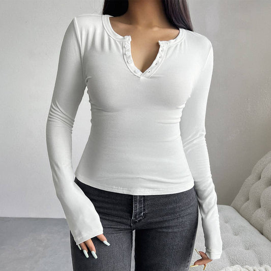 SLIM-FIT V-NECK BUTTON-UP LONG-SLEEVED T-SHIRT