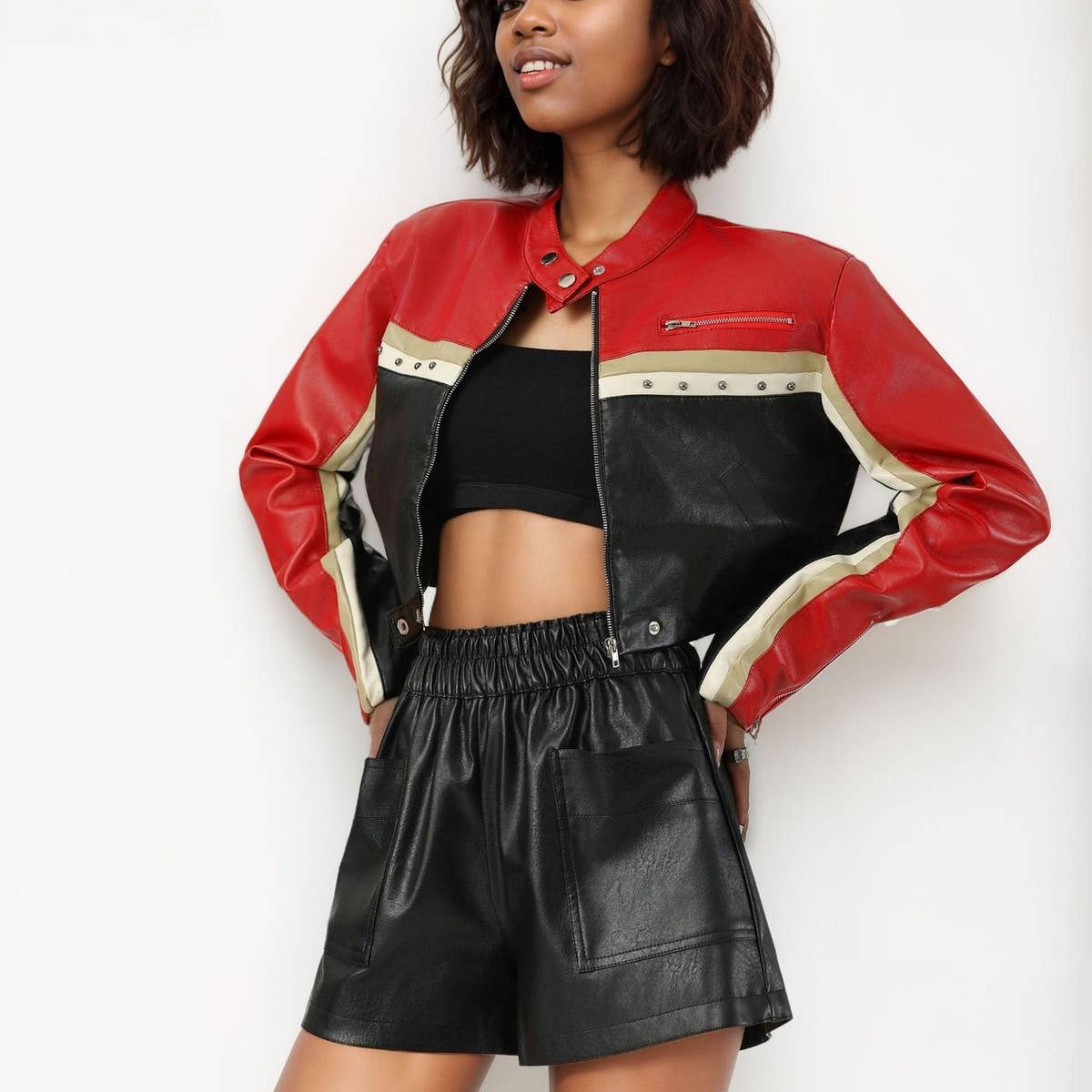 Cropped PU Moto Jacket Women Patchwork Stand Neck