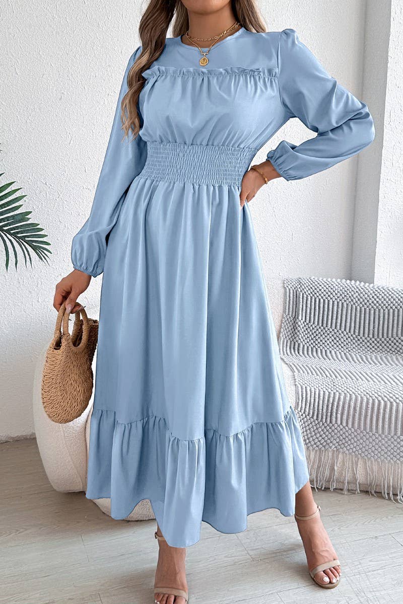 CWDMD6024_SOLID ELEGANT RUFFLE WAIST PLEATED MAXI DRESS