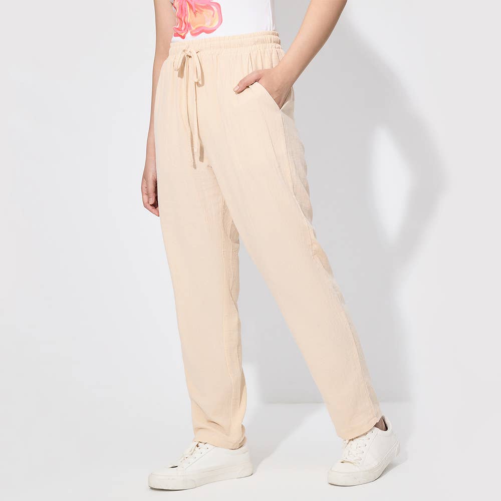 SOLID COLOR LACE-UP HIGH-WAISTED WIDE-LEG PANTS