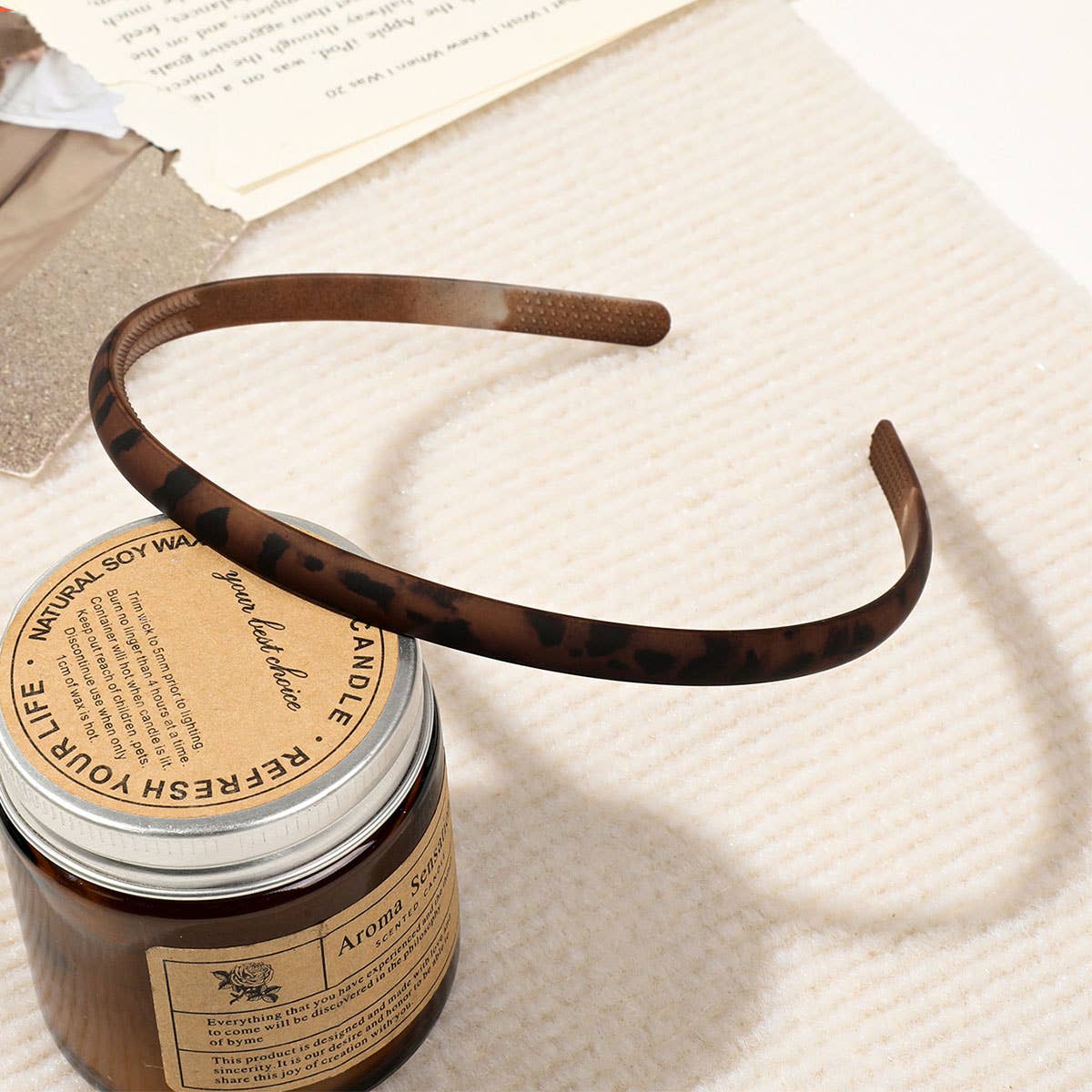 Matte brown plastic leopard print hair band