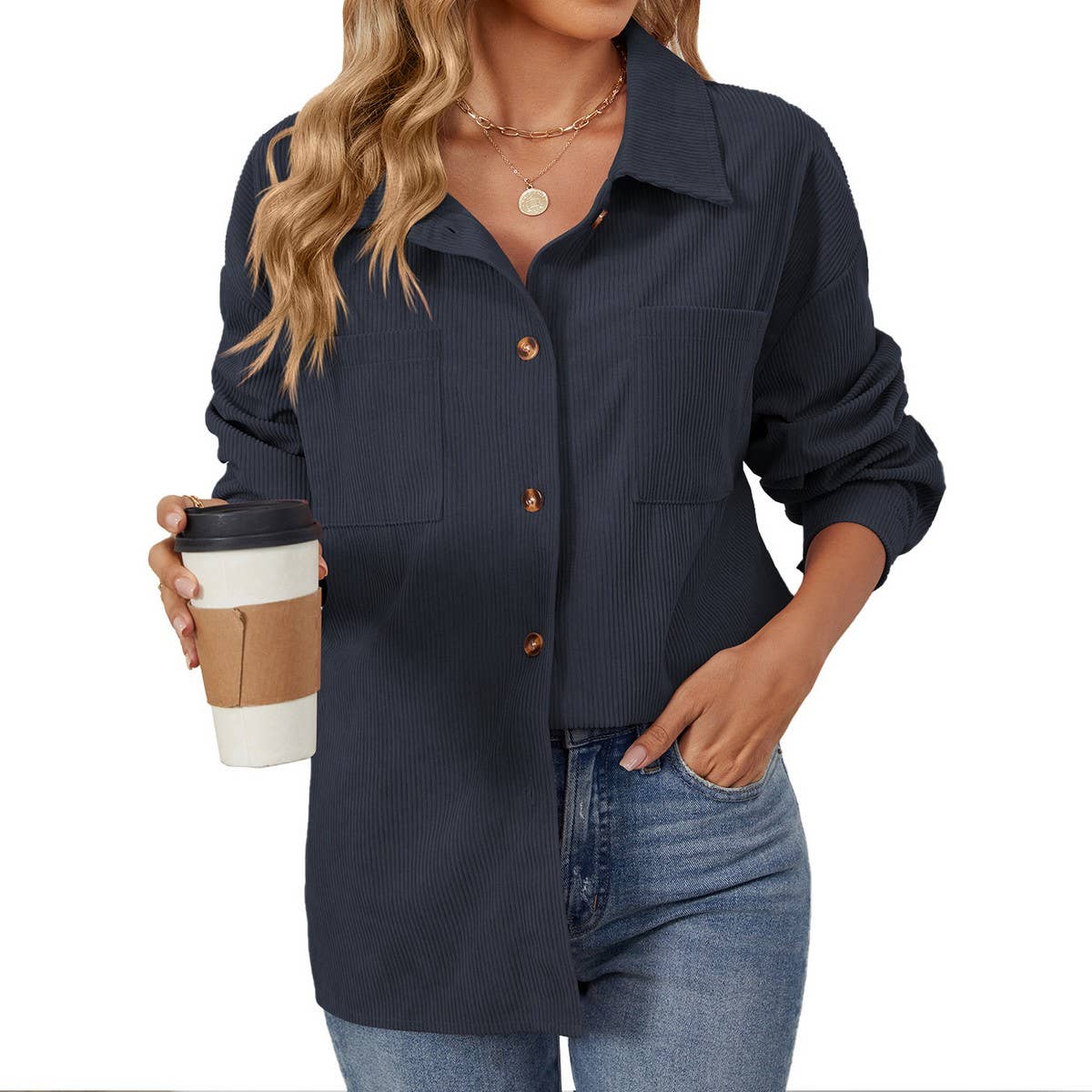 Lapel button solid color patchwork shirt jacket