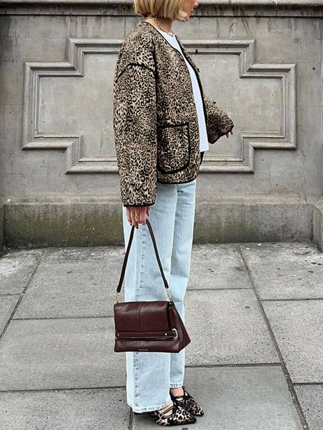 Vintage leopard print crew neck cropped cardigan jacket