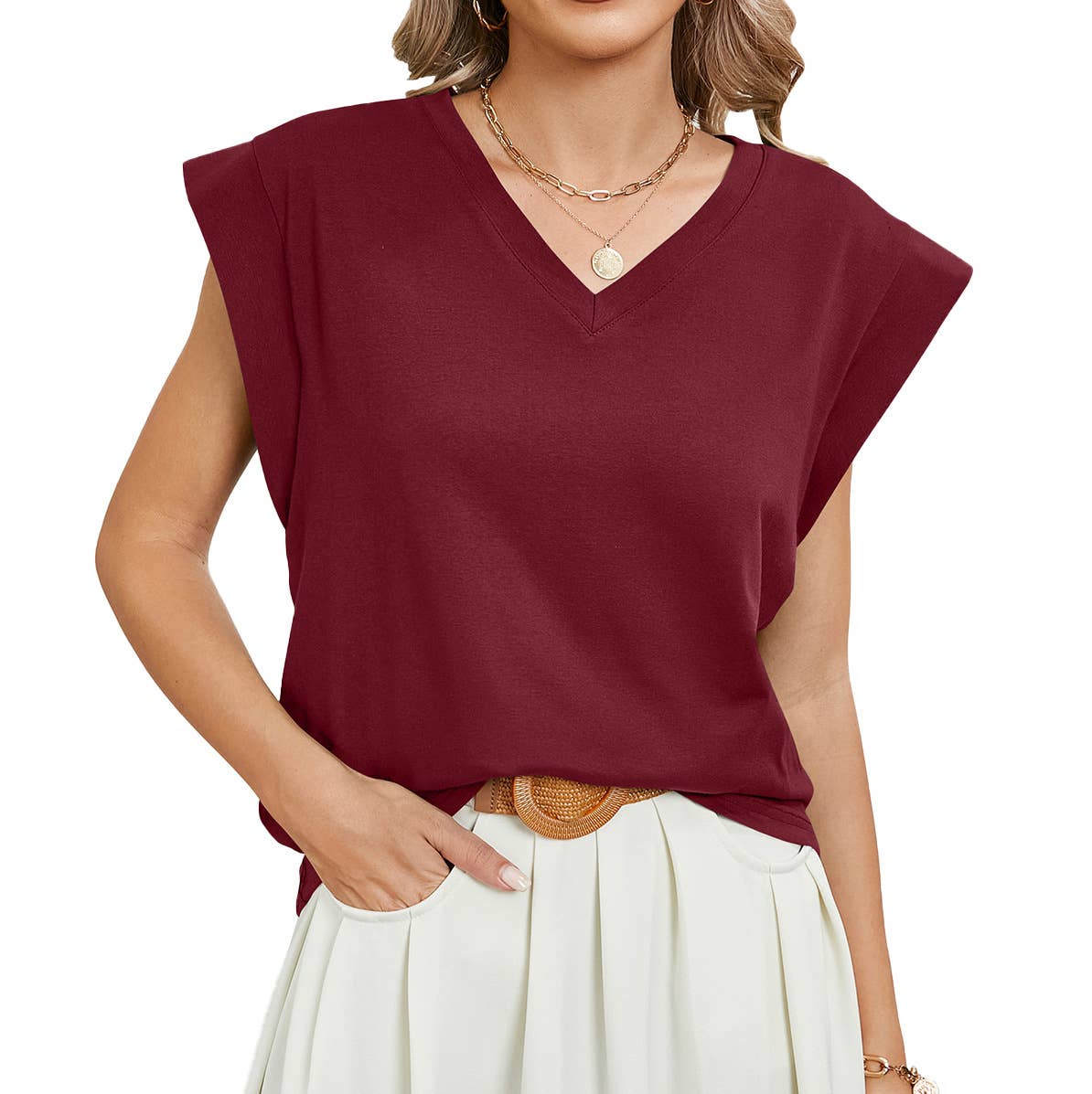 V-NECK SOLID COLOR CASUAL TANK TOP T-SHIRT