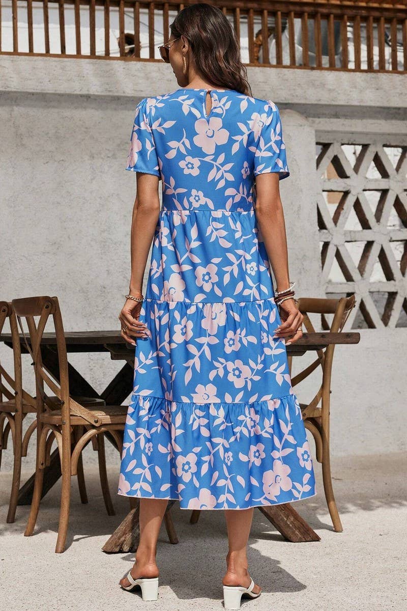 CWDMD4445_FLORAL PRINT MULTI-LAYERED RUFFLE PATCHWORK DRESS