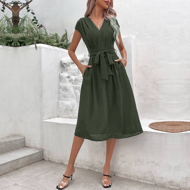 Simple,elegant versatile V-neck lace-up dress