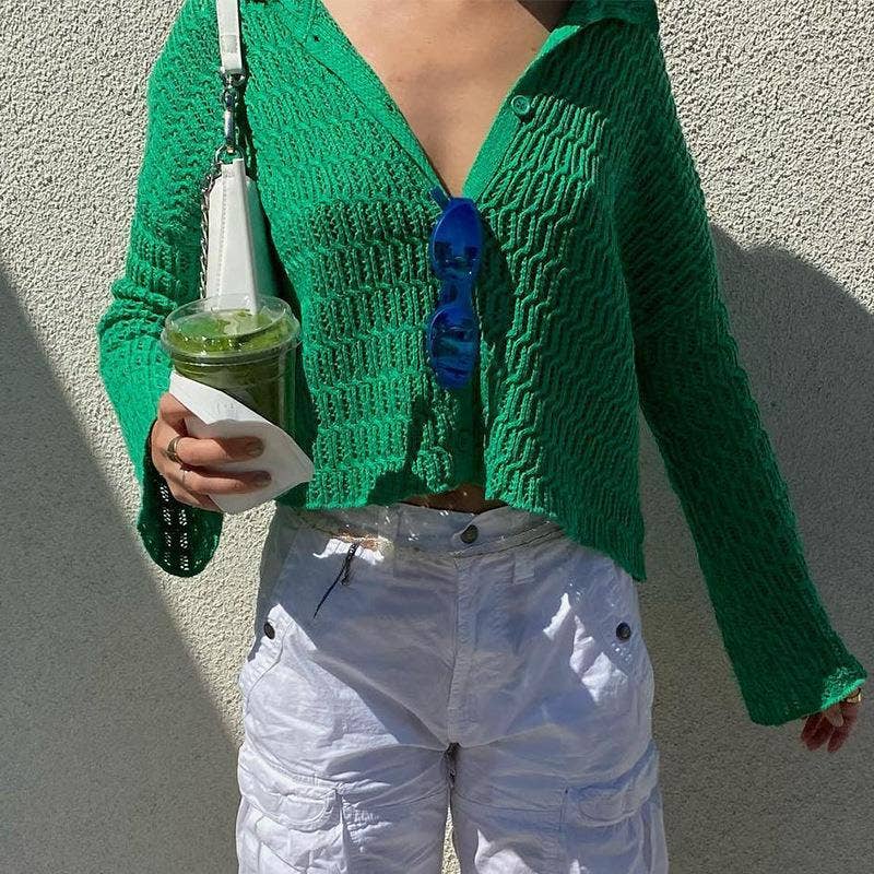 LAPEL HOLLOWED OUT SOLID COLOR BUTTON CARDIGAN