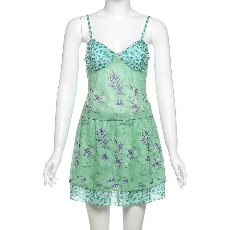 Sexy Printed Crop Cami and High Waist Skirt Set