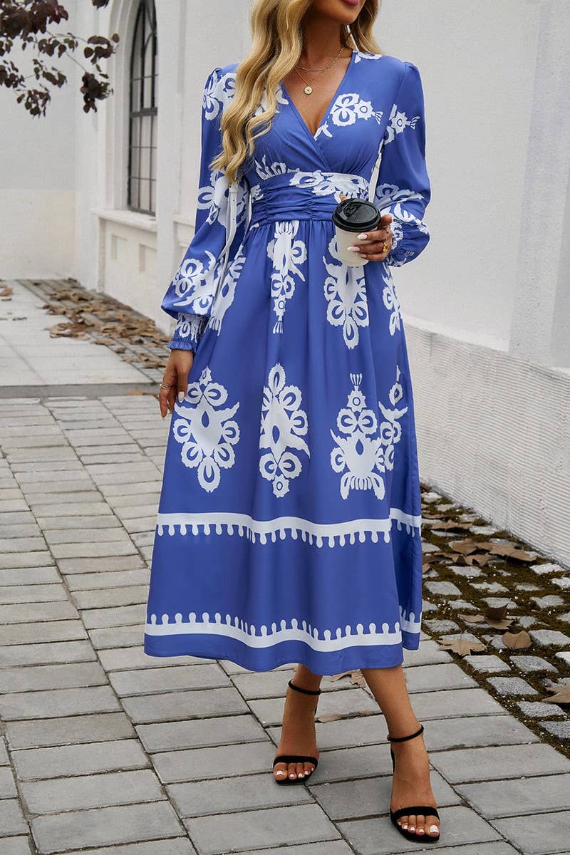 CWDMD4866_V-NECK ELEGANT CONTRAST COLOR LONG SLEEVE DRESS