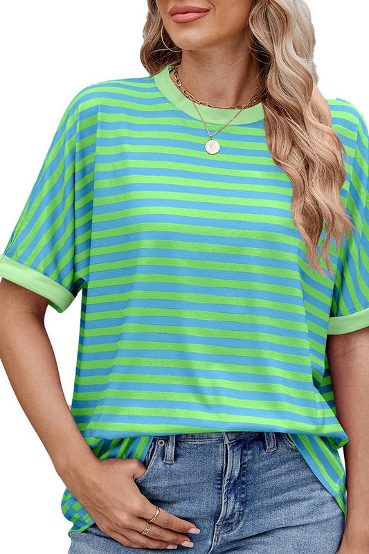 Cwtts1299_Loose Striped Colorblock Crew Neck T-Shirt Top