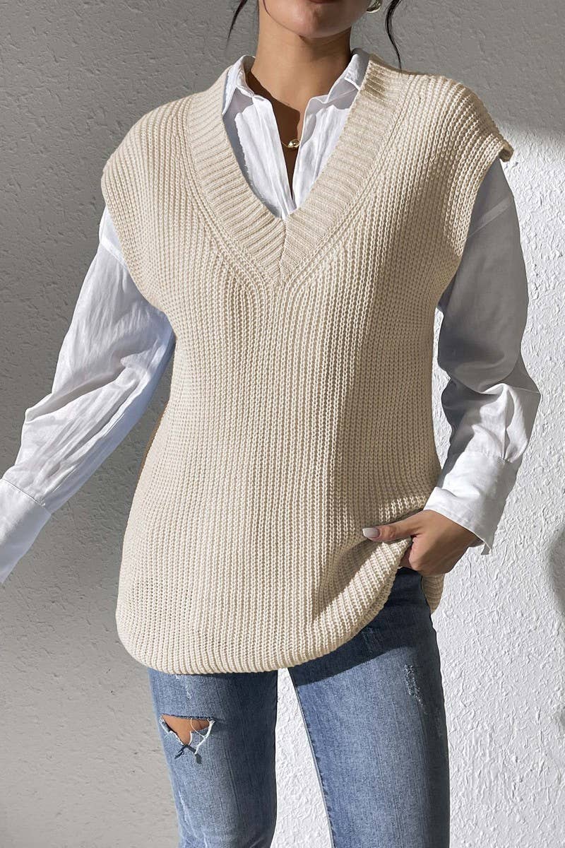 CWOSWL07396_)WOMEN V NECK KNIT SWEATER VEST TOP