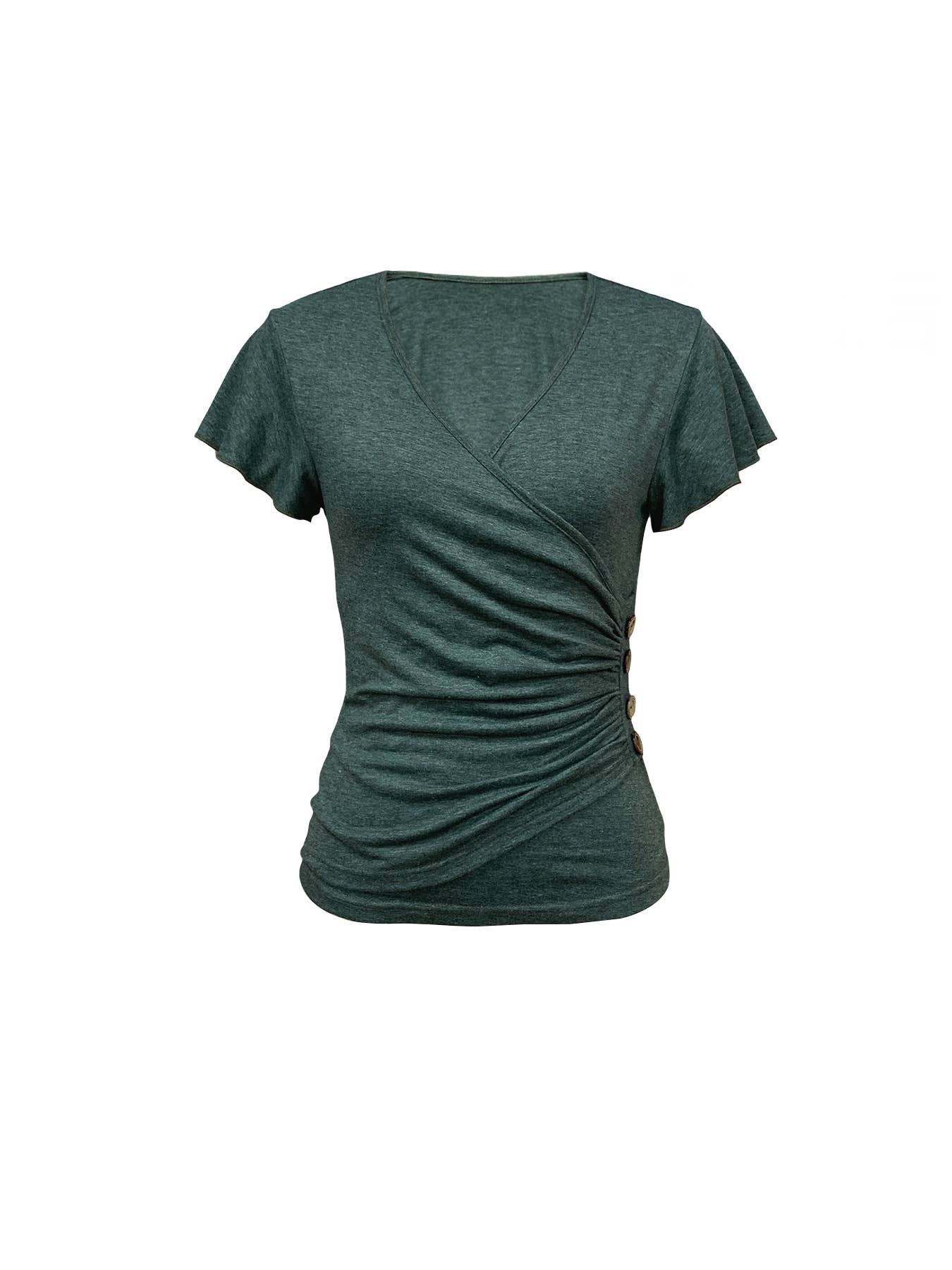 STYLISH SOLID COLOR BUTTONED V-NECK TOP
