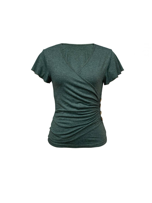 STYLISH SOLID COLOR BUTTONED V-NECK TOP