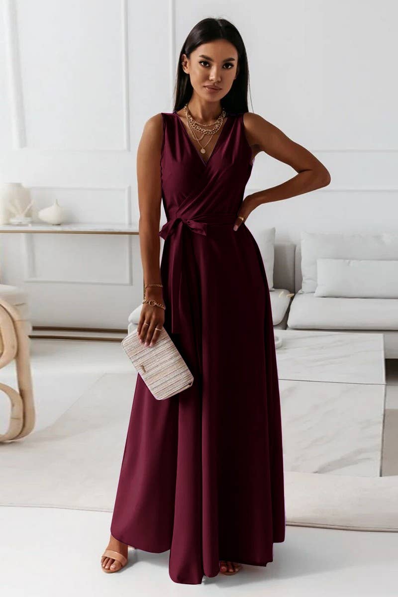 CWDMD4853_LACE-UP V-NECK LONG EVENING GOWN DRESS