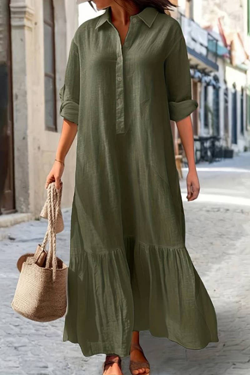 CWDMD01059_TWIST-BUTTON CASUAL IRREGULAR SHIRT COLLAR DRESS