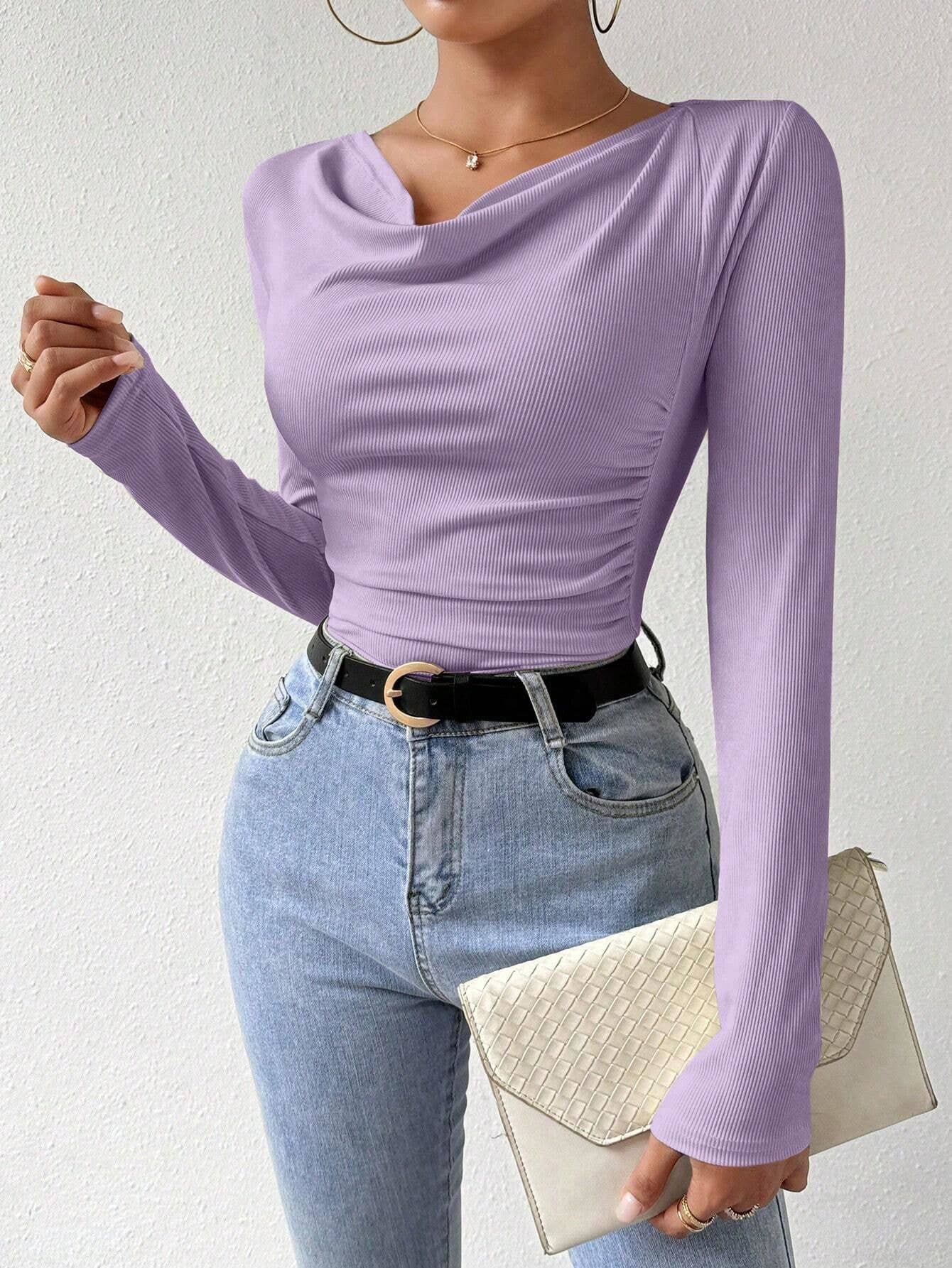 SWING NECK PLEATED SOLID COLOR SLIM-FIT T-SHIRT