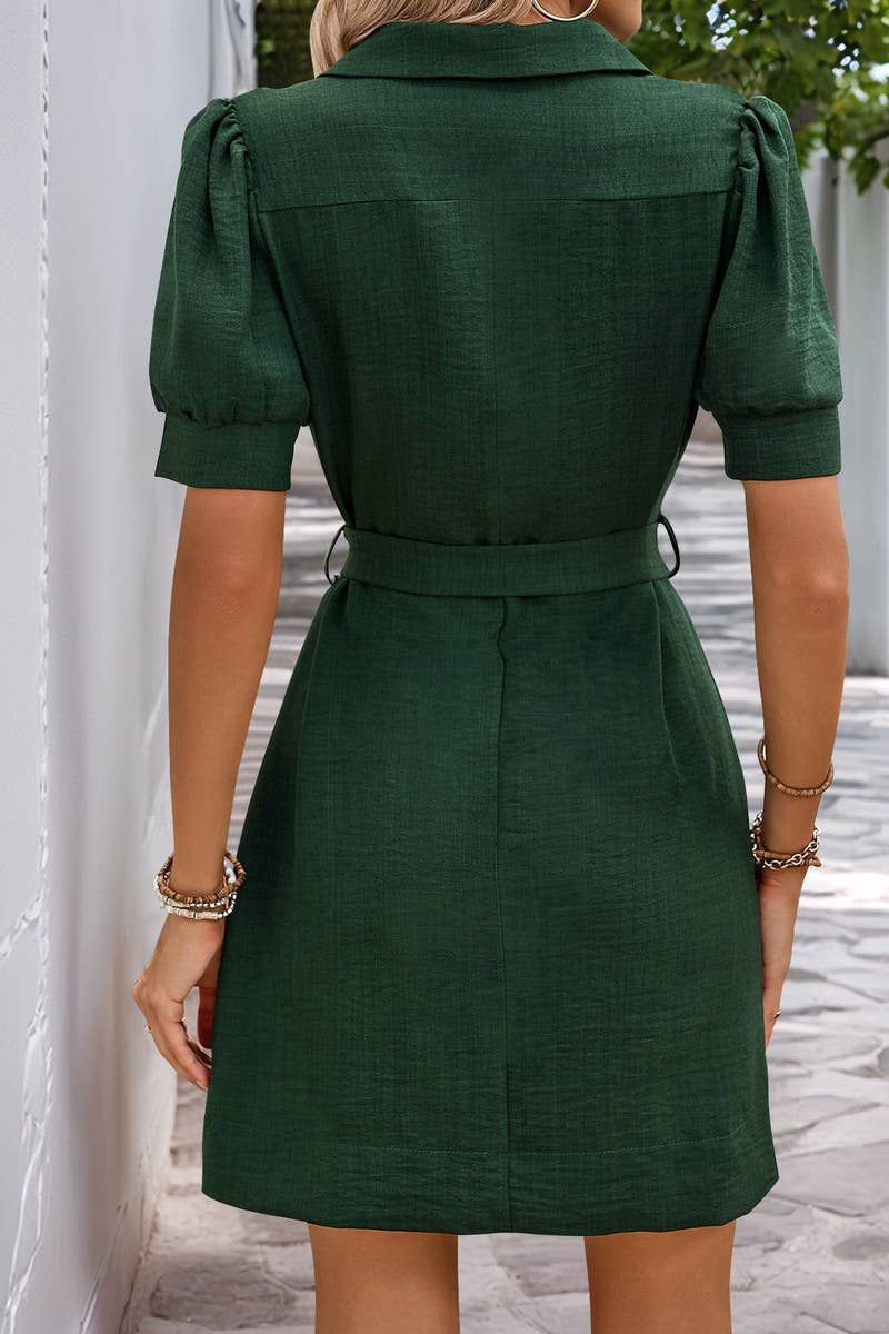 CWDSD6689_SOLID COLOR LAPEL SHORT-SLEEVED SHIRT DRESS