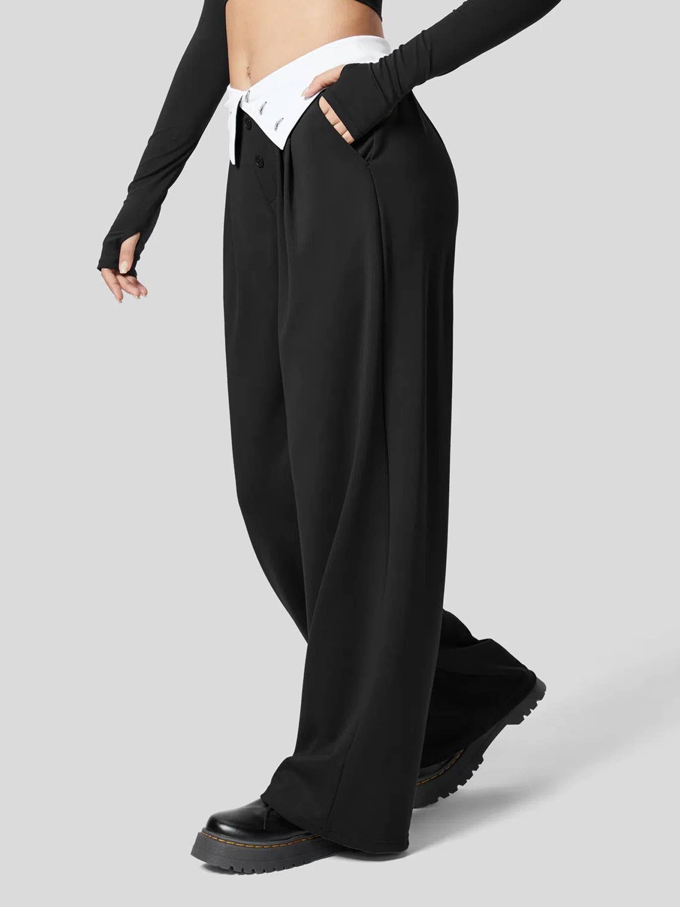 CASUAL PANTS BUTTON-FRONT HIGH-WAISTED STRAIGHT-LEG PANTS