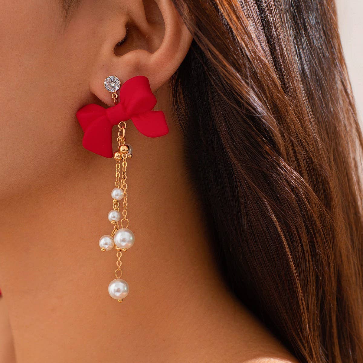 RED BOW EARRINGS WITH PEARL TASSELS_CWAJE1138