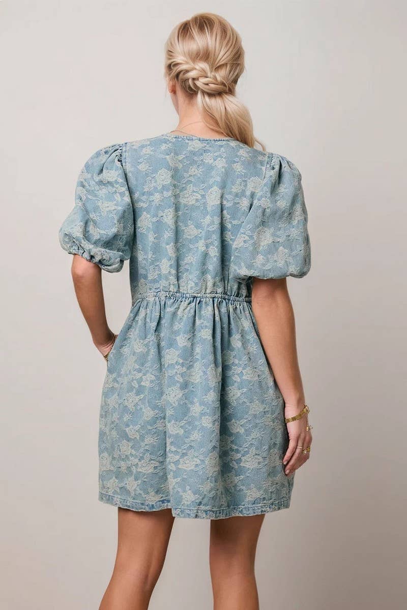 CWDSD8825_FLORAL PUFF SLEEVE DRAWSTRING DENIM DRESS