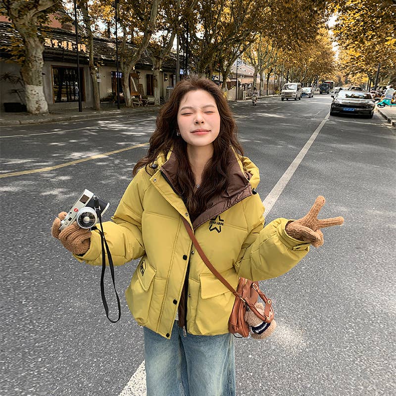 Solid color hooded warm winter padded jacket