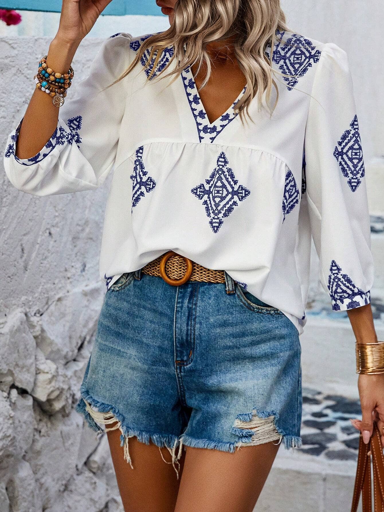 Stylish printed bag seven-point sleeve V-neck top