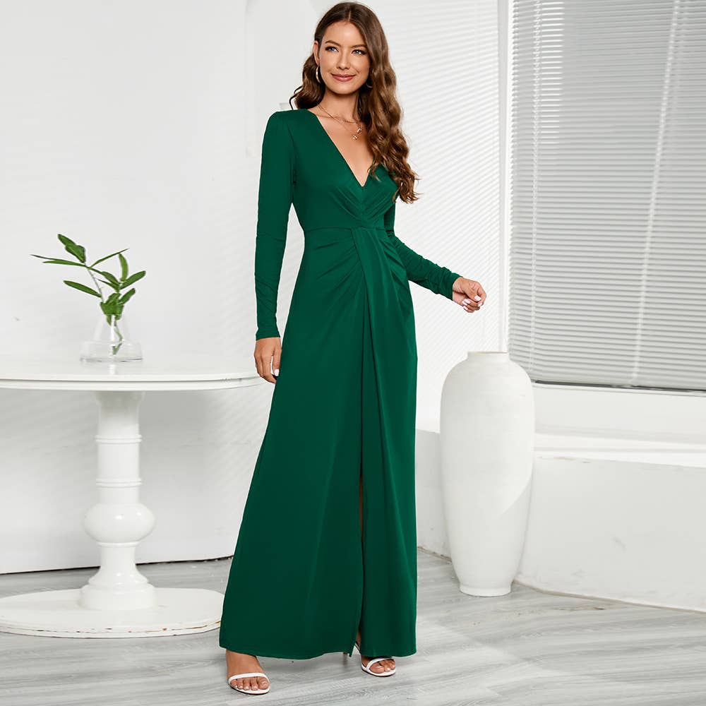 V-neck long-sleeved solid color fitted dress