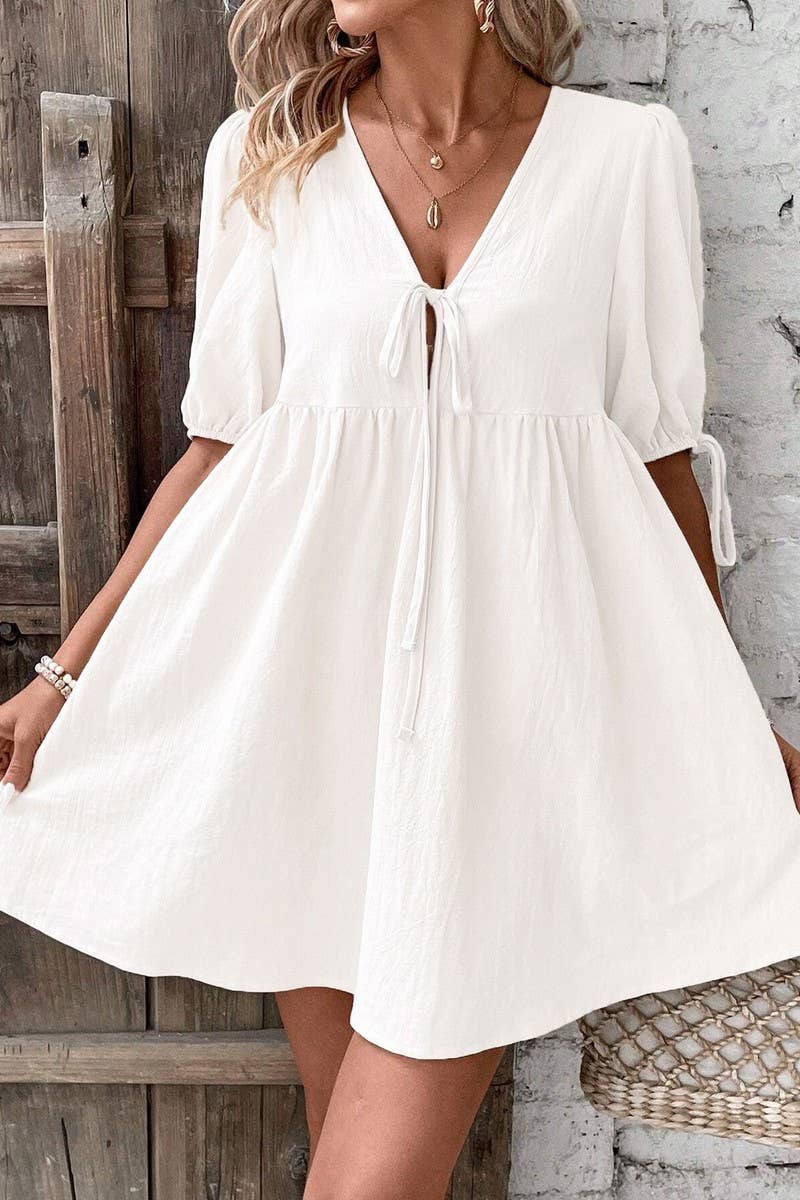 CWDSD8449_DEEP V TIE FRONT LOOSE A-LINE WOVEN DRESS