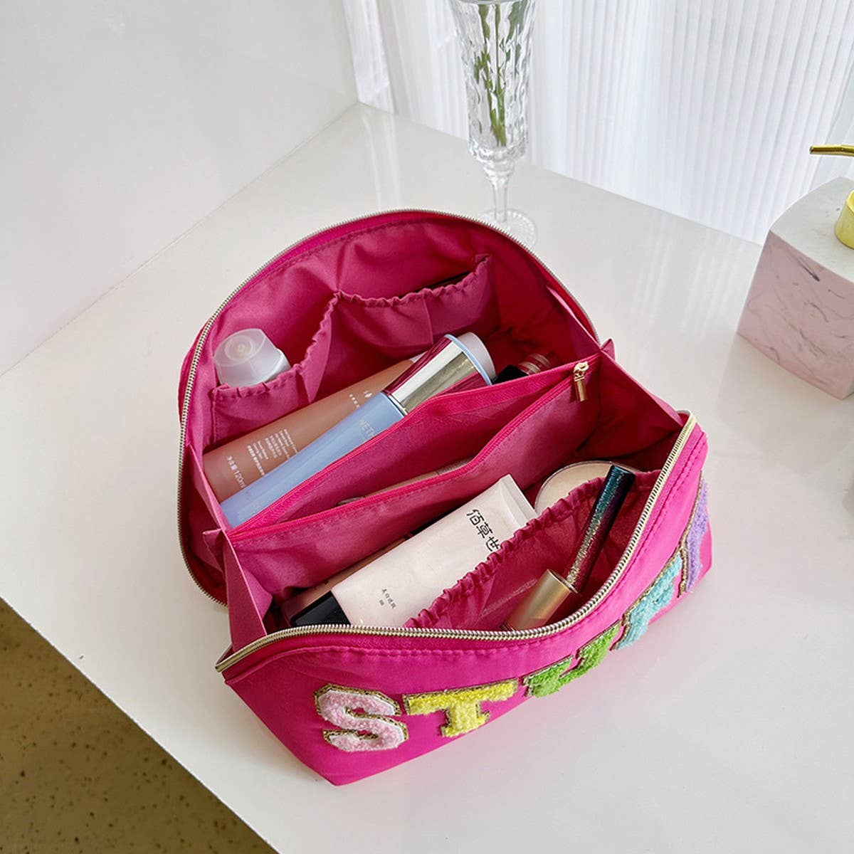 NYLON HAND-HELD FLOCKING LETTER COSMETIC BAG_CWAB4383