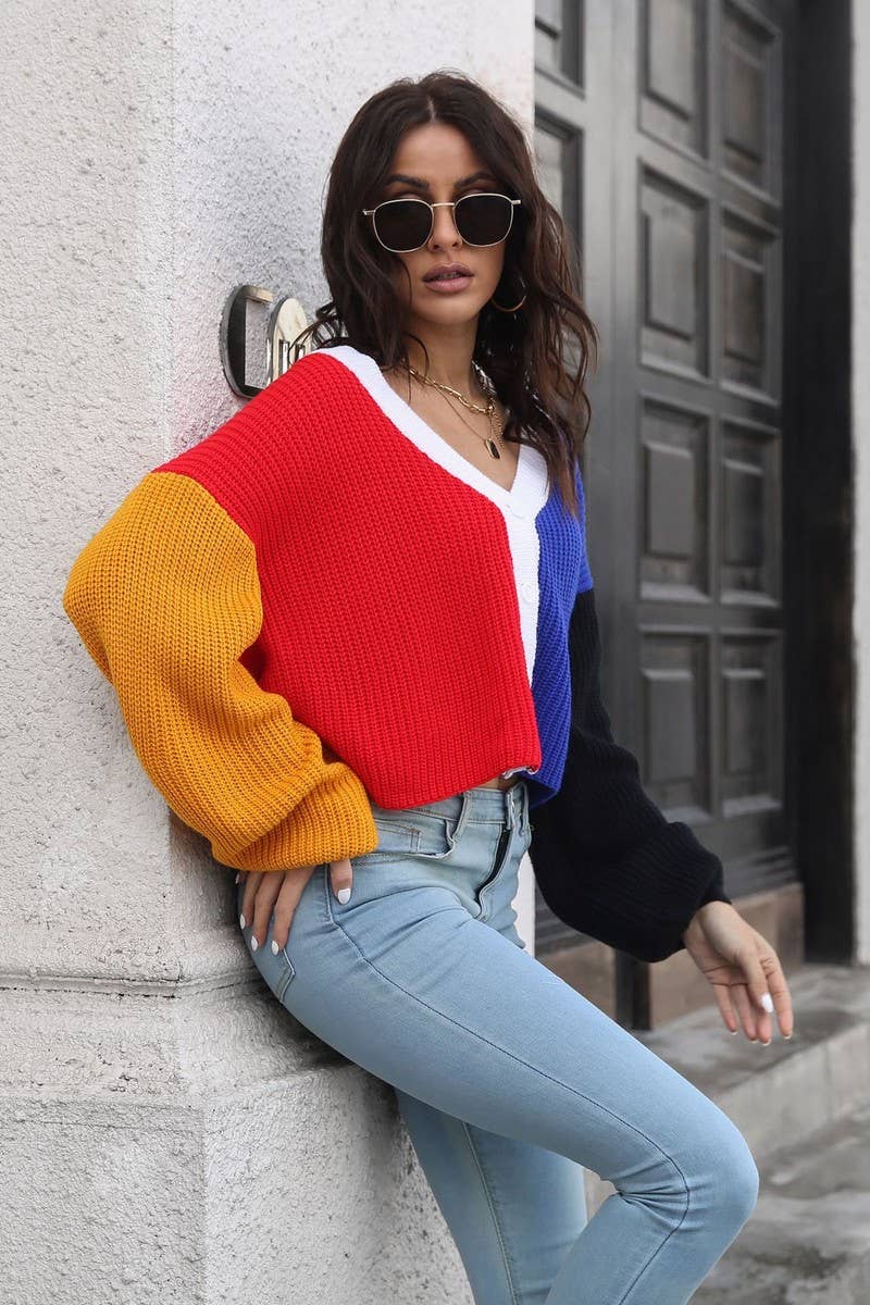 CWOCAL1225_CONTRAST COLOR LONG SLEEVE SHORT KNIT CARDIGAN