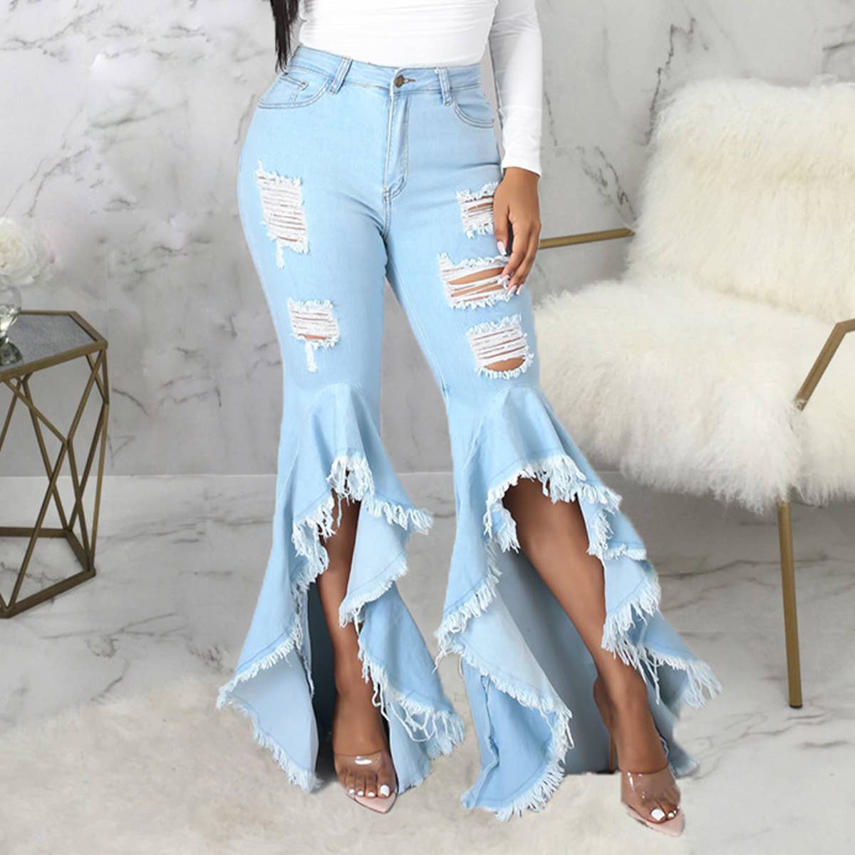 HOLE WASHED DENIM BELL BOTTOMS WIDE LEG PANTS_CWJP0086