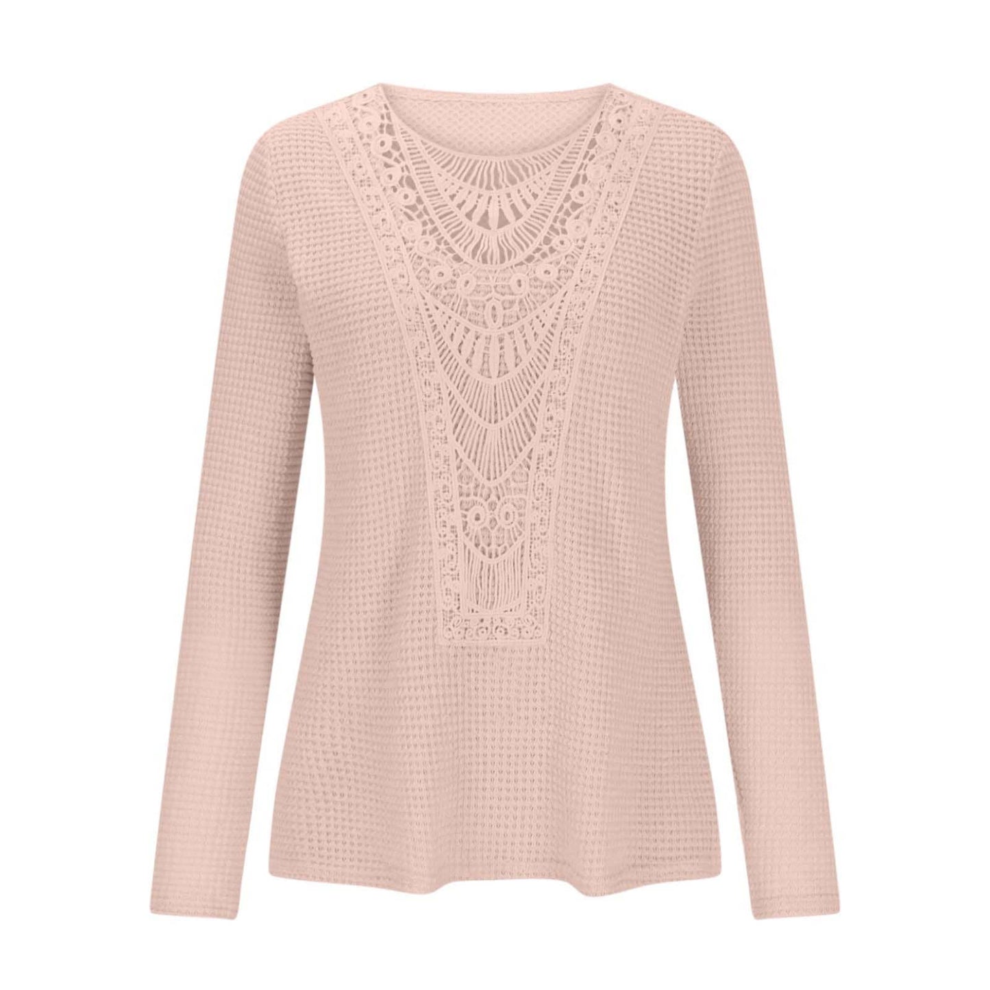 Solid-color teak lace patchwork top T-shirt