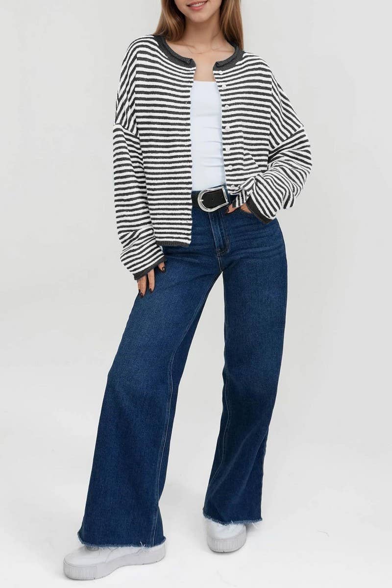 CWOCAL00609_STRIPED COLORBLOCK LONG SLEEVE CARDIGAN SWEATER