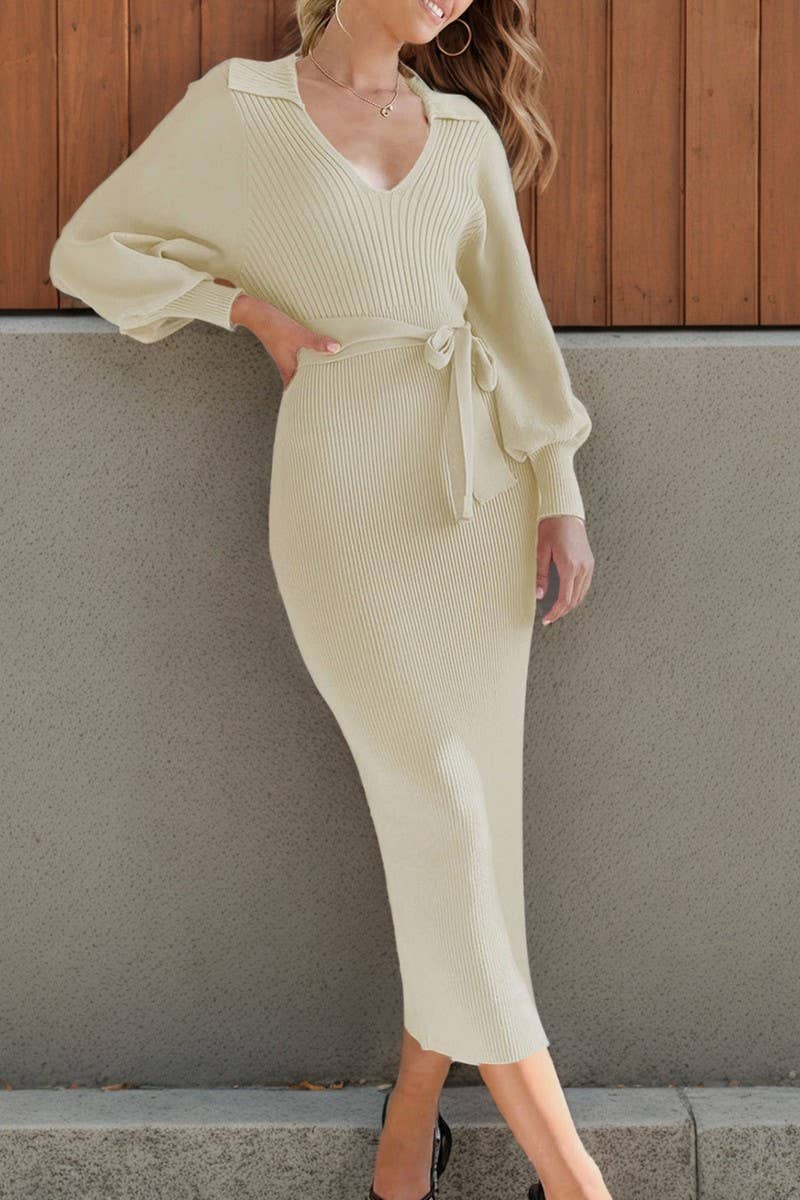 CWDMD4770_V-NECK COMMUTING KNITTED DRESS WITH TEMPERAMENT