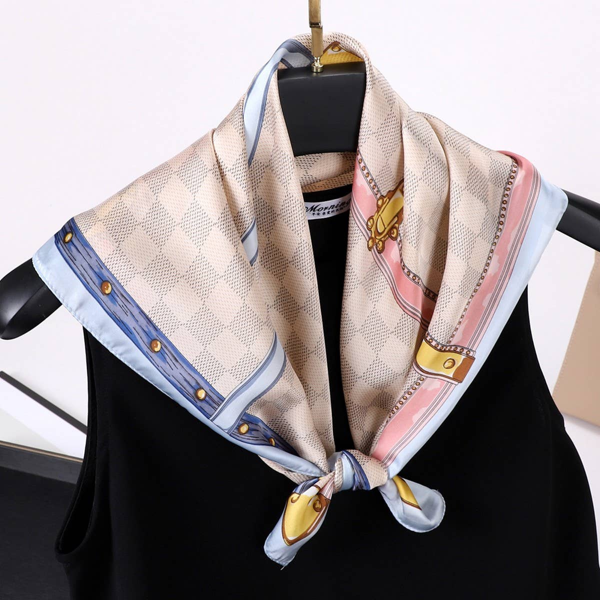 Vintage Letter Print Satin Square Scarf for Women