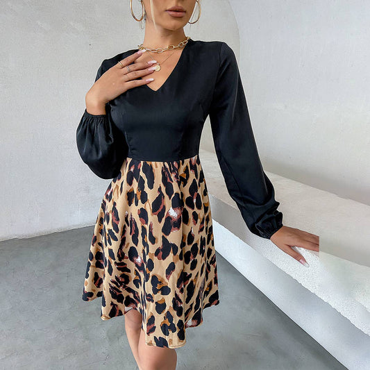 LEOPARD PRINT LANTERN SLEEVE V-NECK SLIM-FIT DRESS