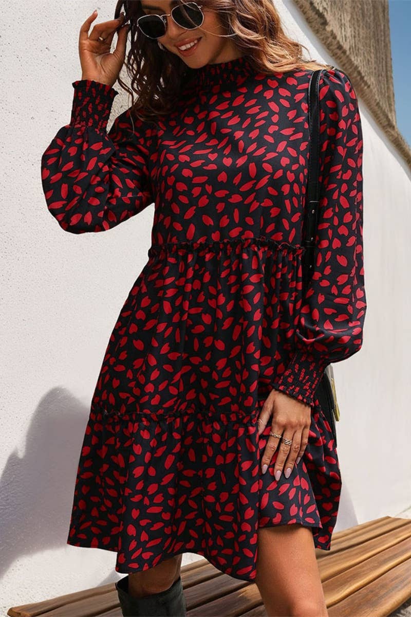 CWDSD6519_CHOKER LONG SLEEVE LEOPARD PRINT WAIST DRESS