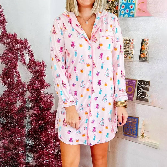 STYLISH SINGLE BREASTED CHRISTMAS TREE NIGHTDRESS