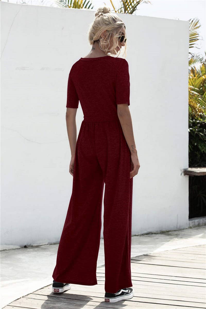 SOLID COLOR SHORT SLEEVED WIDE LEG LOOSE JUMPSUIT_CWSJS0428