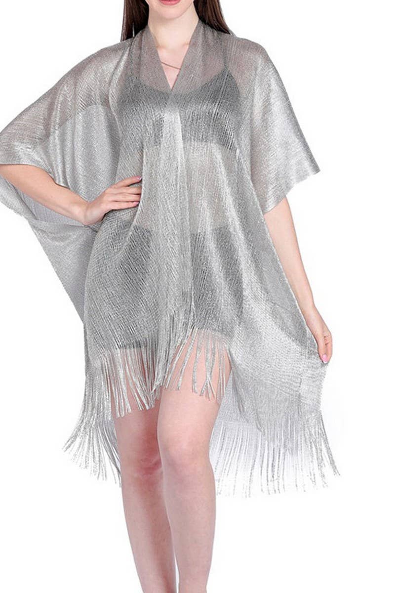 CWTBLL3669_SILVER RIBBON SLEEVES SLIT SHAWL BEACH COVER-UP