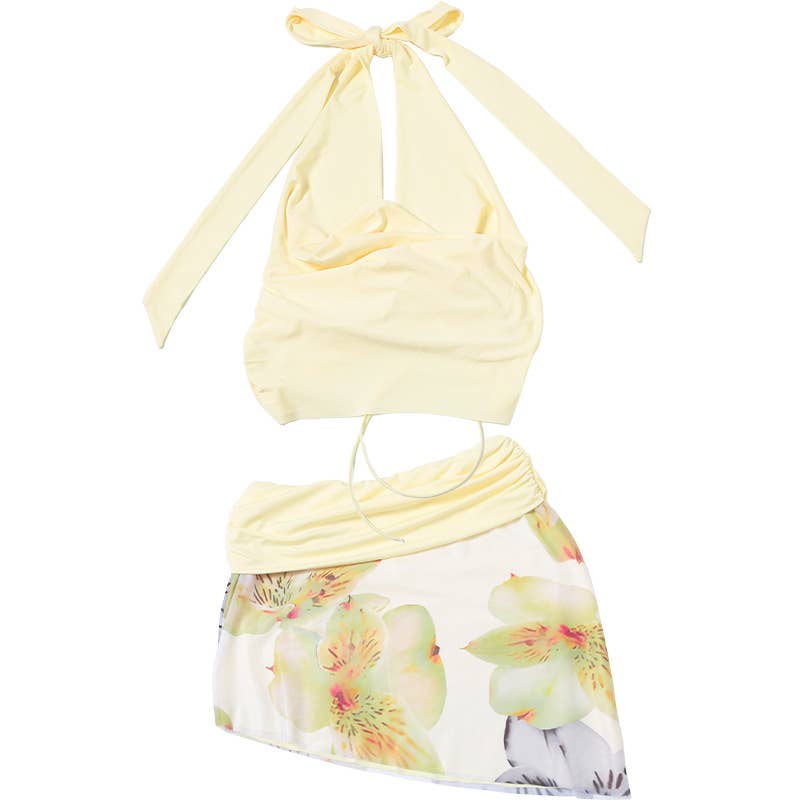 Sexy Halter Cowl Backless Top and Skirt Set