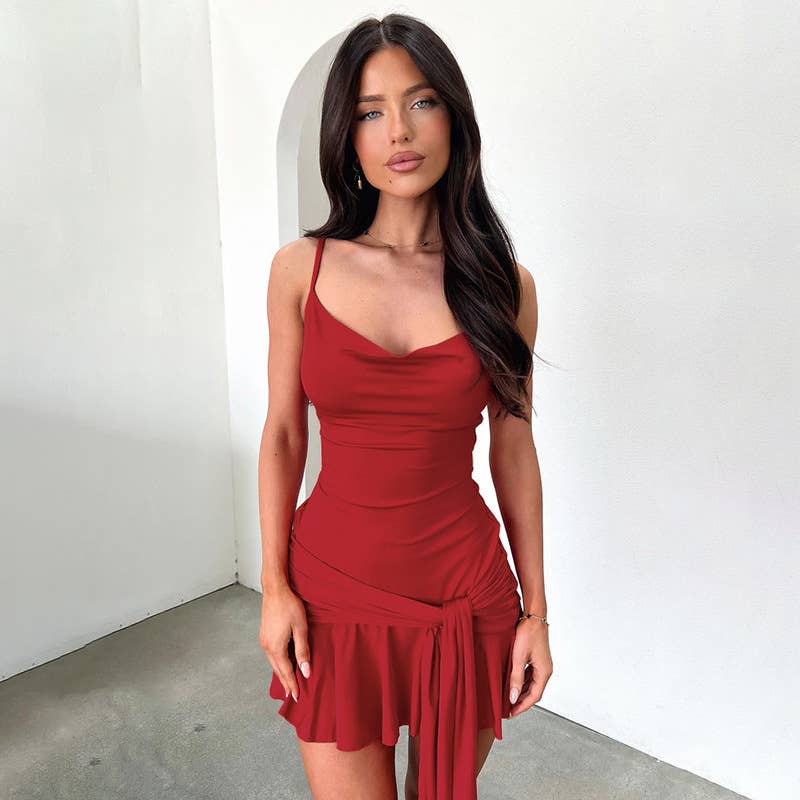 Sexy slim trim ruffled solid color halter dress