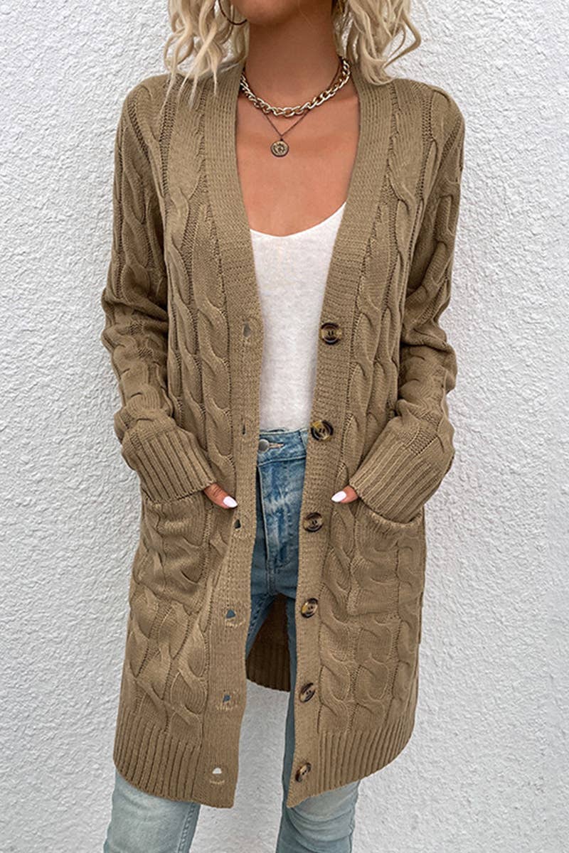 CWOCAL356 Button Down Cable Crew Neck Pullover Long Sweater