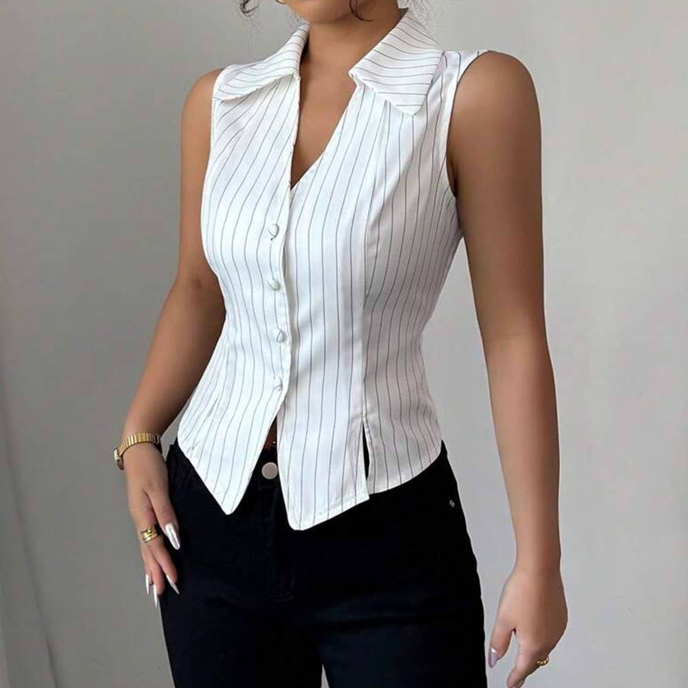 Sleeveless, form-fitting, navel exposed V shirt