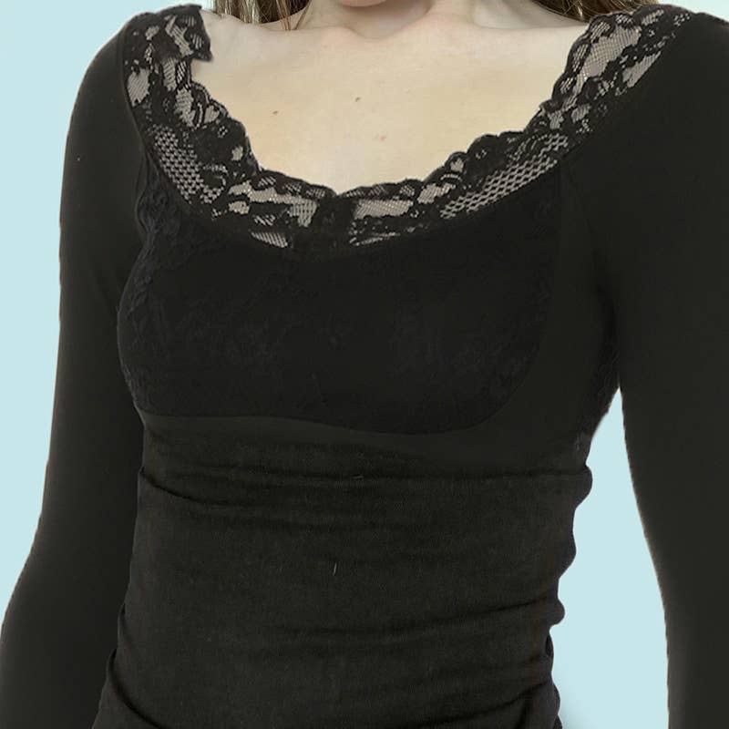 U-neck slim fit lace patchwork long sleeve Top