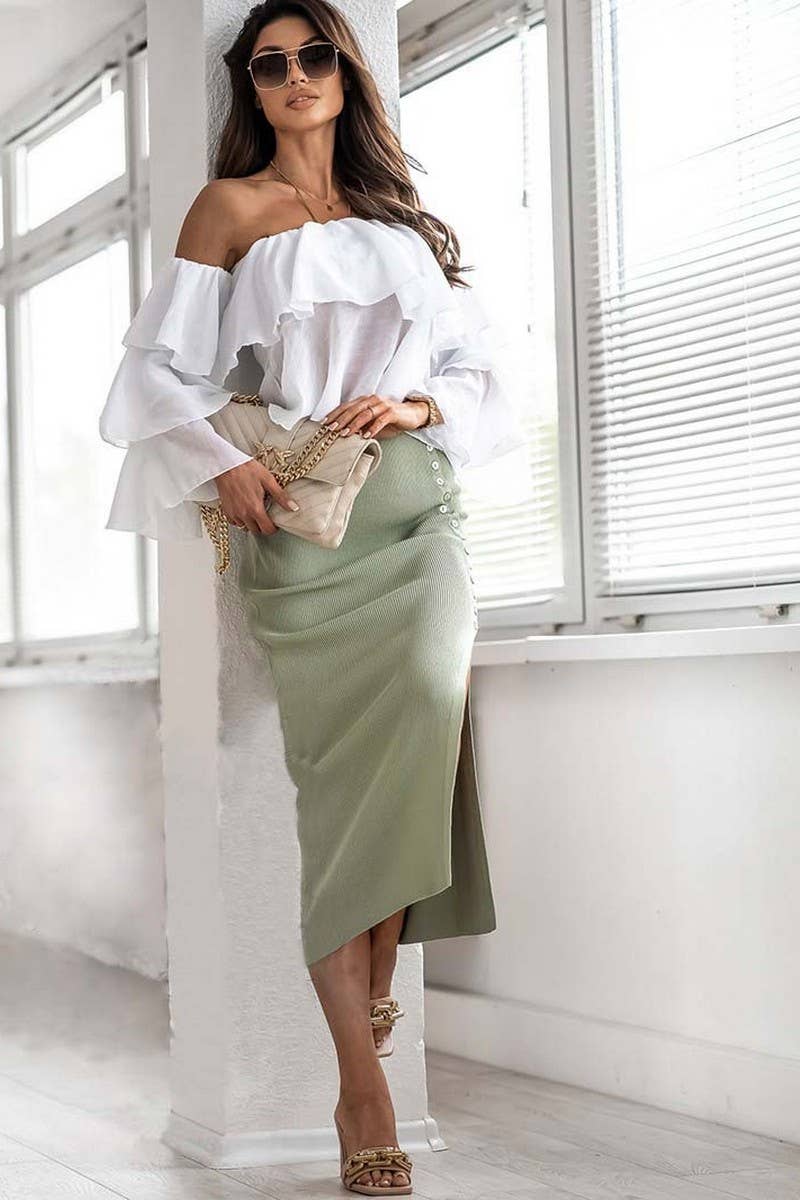 CWBMS0463_RIBBED BUTTON FRONT SLIT MIDI SKIRT