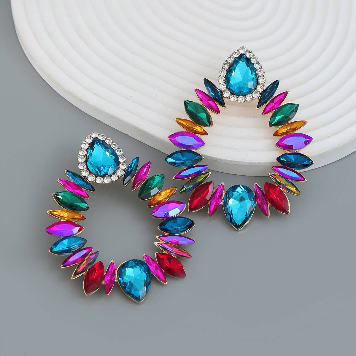 COLORFUL CRYSTAL GEOMETRIC DROP STUD EARRINGS