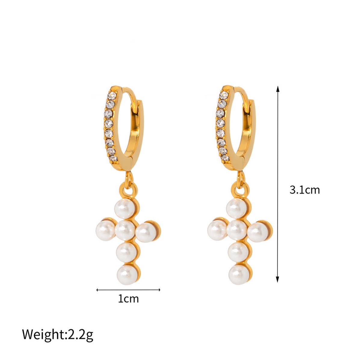 18K GOLD INLAID RHINESTONE PEARL CROSS EARRINGS_CWAHA0898