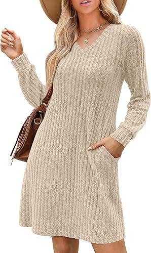 V-NECK POCKET FROSTED LONG-SLEEVED CASUAL DRESS