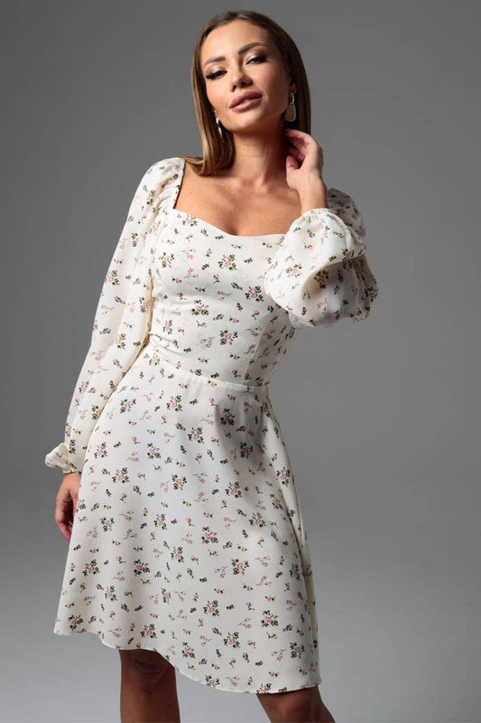 CWDSD8401_FLORAL PUFF SLEEVE TIE WAIST LINED MIDI DRESS